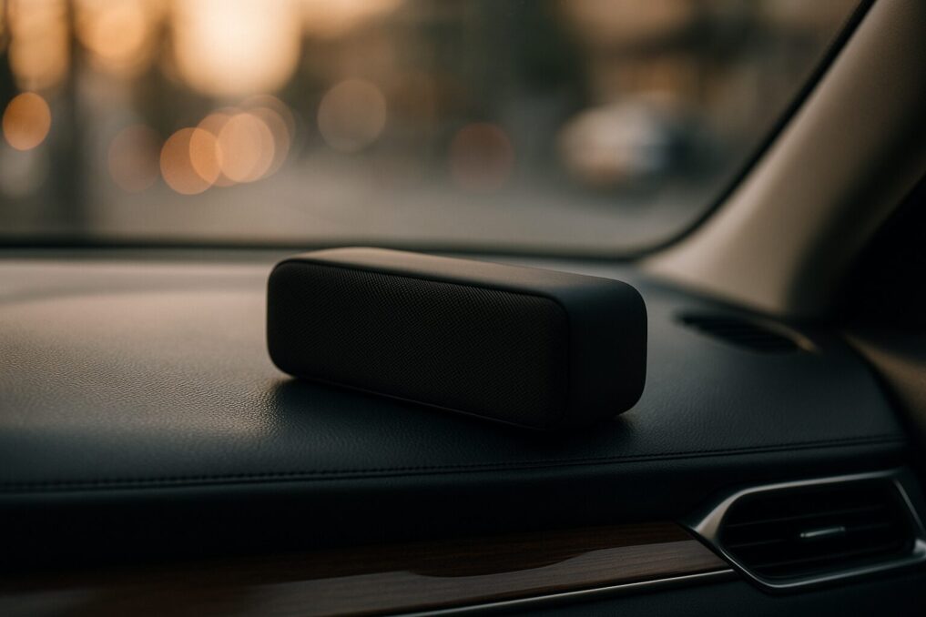 車内ダッシュボードに“無印の黒いBluetoothスピーカー”単体イメージ