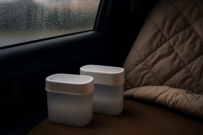 車内用の除湿剤を置いて就寝中の湿気を吸わせるイメージ。