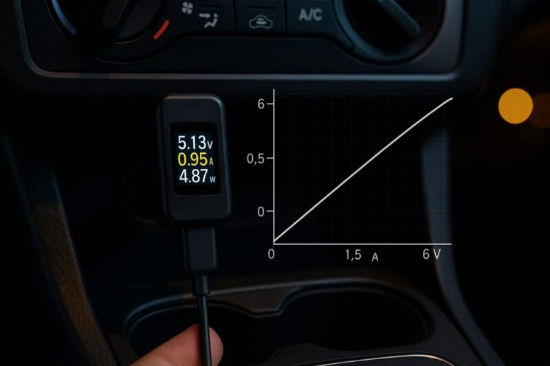 車載USBポートに接続した電圧・電流チェッカーの画面に5V弱・約1A程度の出力が表示されており、車のUSB給電ではFire TV Stickには電力が不足しやすいことを示すイメージ。