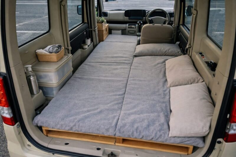 軽バン車中泊で狭さを感じにくい寝床と収納の配置例
