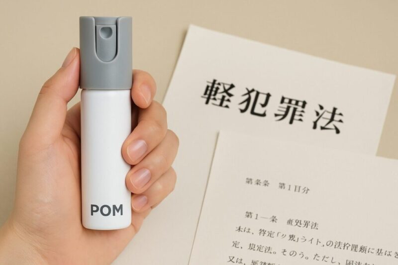 軽犯罪法の書類と無地のスリムスプレーが並んだ、日本の法律と防犯スプレーのイメージ