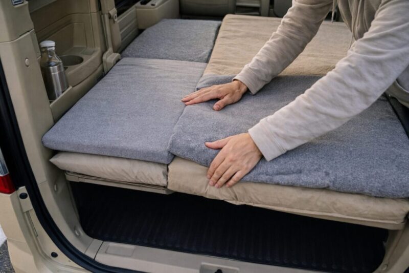軽自動車の車中泊で段差解消をして寝やすく整える様子