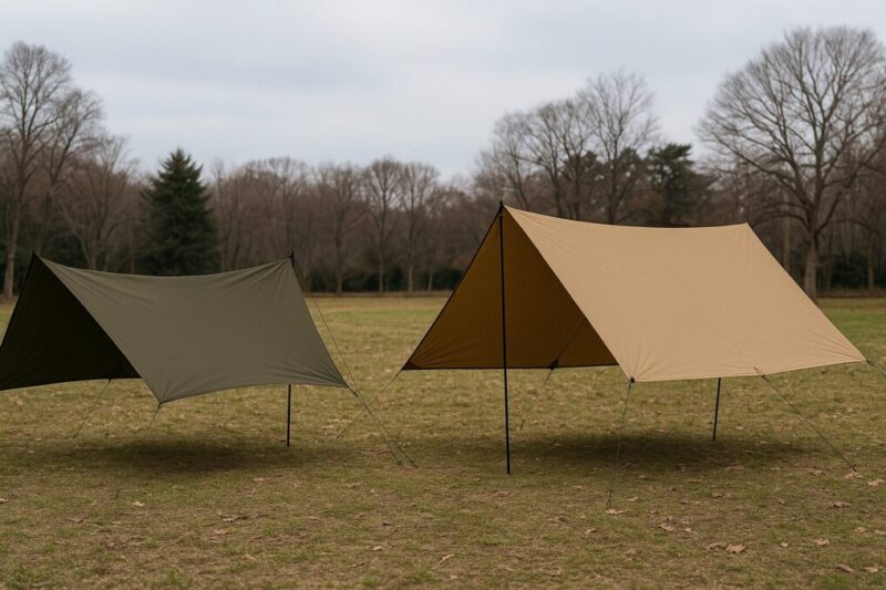 軽量なDD系タープとTCスクエアタープを同条件で左右に並べ、可搬性と快適性の住み分けを示す比較カット。