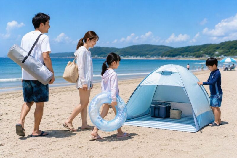 軽量コンパクトなビーチテントを持って海水浴へ向かう様子