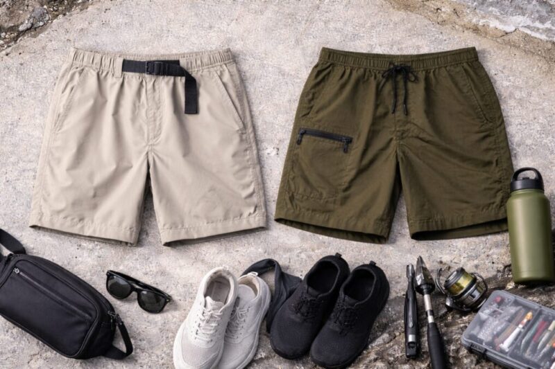 軽量ショーツとアウトドア向けショーツを並べ、普段使い向けと船釣り向けの違いを見比べられるイメージ