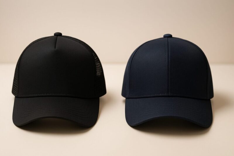 軽量メッシュ系とロゴレス深め系の無地キャップを真正面から比較したイメージ