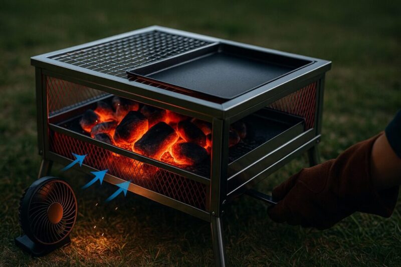 送風ブーストによる燃焼促進のイメージ（安全配慮）。