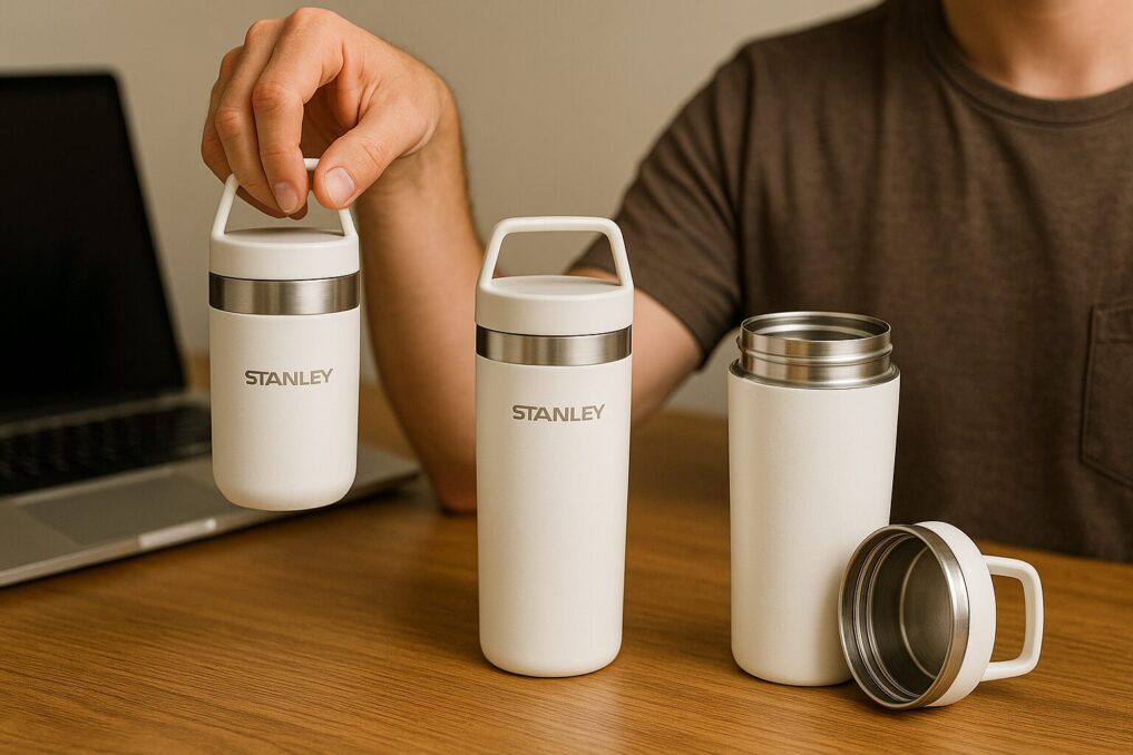 逆さにしてもこぼれない真空マグで漏れ対策を意識したデスク周りのイメージ。