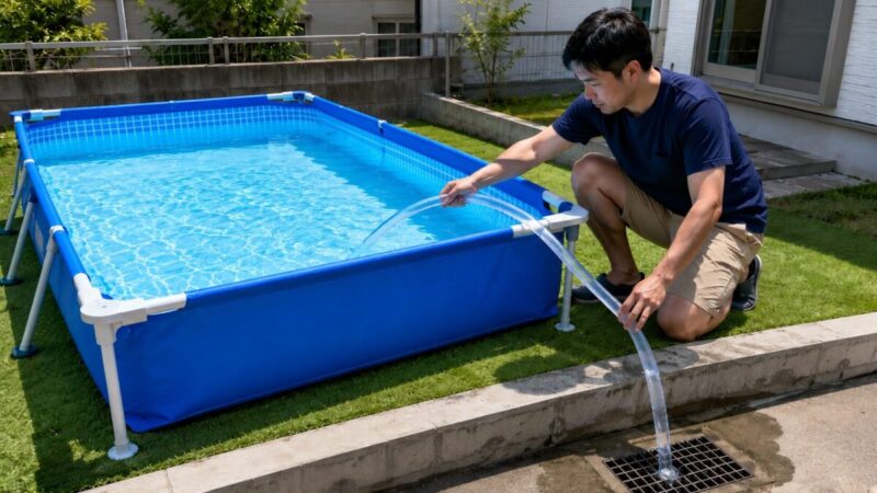 透明ホース1本で家庭用プールの水をサイフォン排水する様子