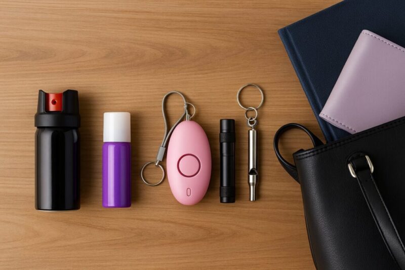 通勤バッグのそばに防犯スプレーやブザー、ライト、ホイッスルが並ぶシーン別防犯グッズのイメージ