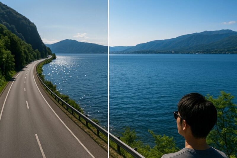 通常レンズと偏光レンズを通した風景の見え方比較（反射あり／なし）イメージ