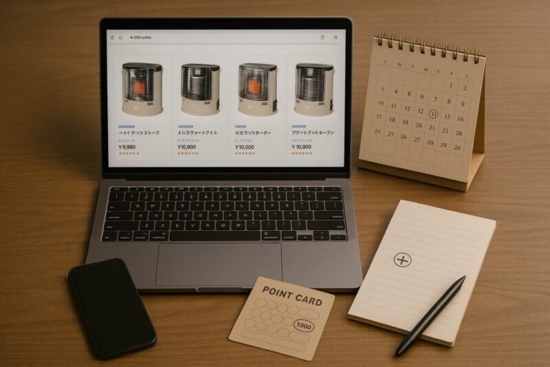通販サイトでカセットガスストーブの価格やセール時期を比較検討しているイメージ