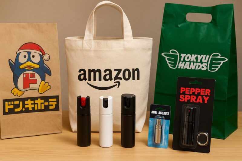 通販サイト風トートと量販店・専門店風の無地バッグの前に防犯スプレーが並ぶ、購入先を比較するイメージ