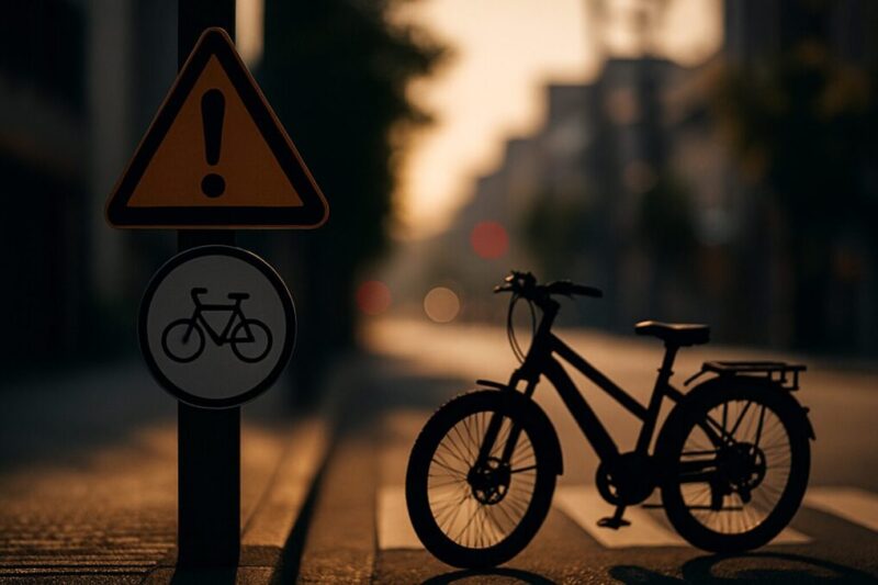 道路標識と自転車シルエット、注意喚起のニュアンスイメージ