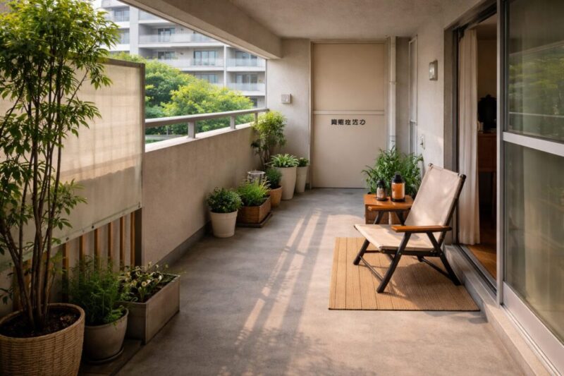 避難動線を確保しながら、椅子と小さなテーブルを控えめに配置した団地ベランダの安全重視レイアウト例