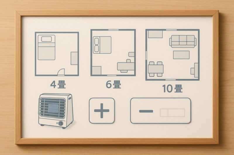 部屋の広さ別にカセットガスストーブの適正範囲を示したイメージ。