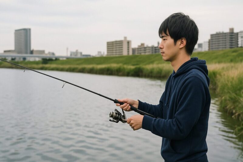 都市河川でスピニングタックルを構える日本人アングラーと、細く伸びたPEラインの様子