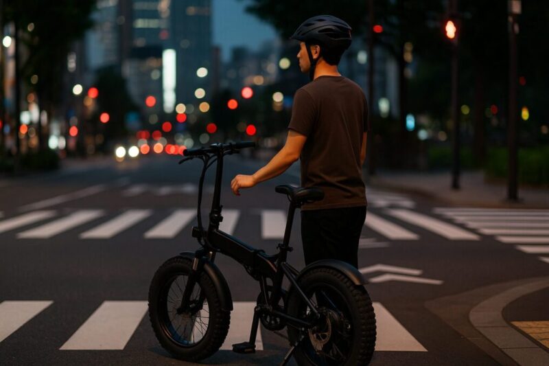 都心の交差点で安全に停車する折りたたみe-bikeの法規順守イメージ