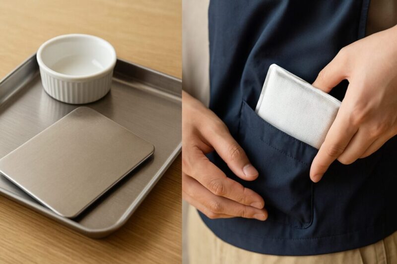 金属プレートで皿を冷やすアイスプレートと、布で包んだ板保冷剤を空調服ポケットへ差し込む日本人の手元。再活用の実例。