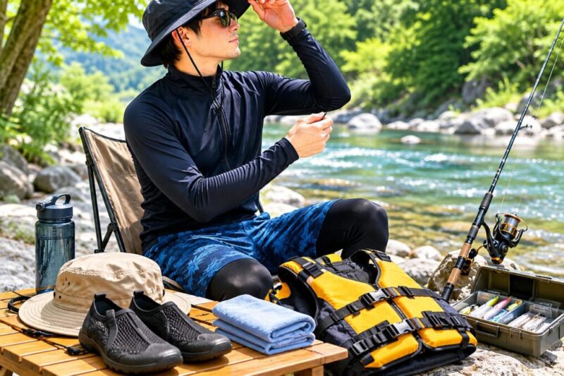 釣りや川遊びで使う速乾ラッシュガードと安全装備のイメージ