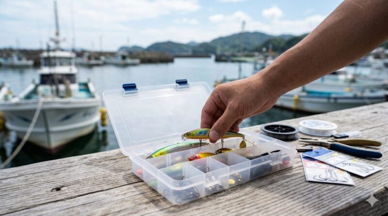 釣り具ケースに小物を収納する様子