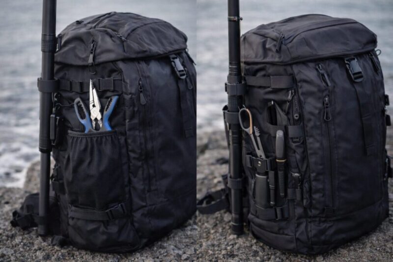 釣り専用設計らしい機能的なブラック系バックパック
