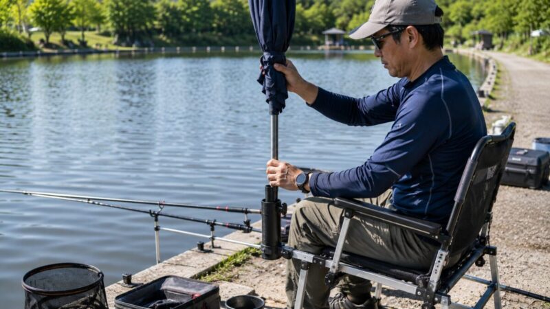 釣り用チェアにパラソルホルダーを固定して支柱の角度を確認する釣り人