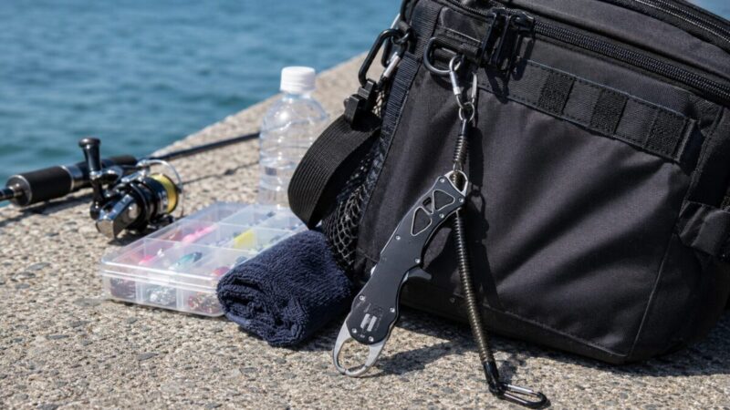 釣り用バッグにコンパクトなフィッシュグリップを取り付けたイメージ