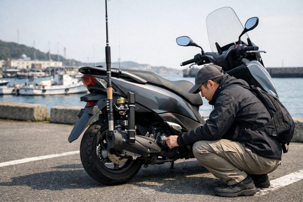 釣り用ロッドホルダーを装着したスクーターを港で点検する様子