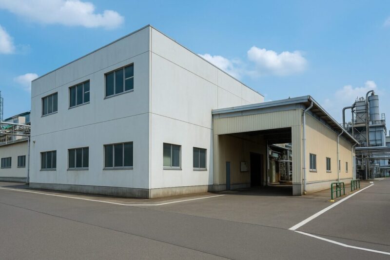 釣り糸メーカーの工場外観をイメージした、日本の工業団地にある無地の工場建物