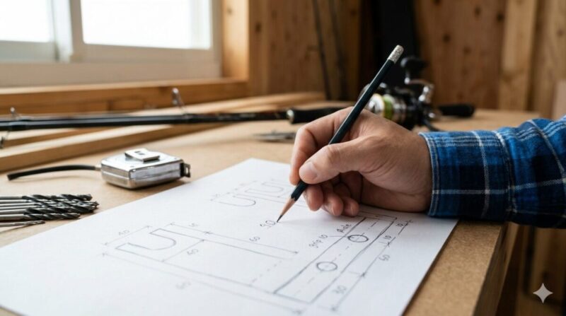 釣竿立てDIYの寸法と穴径を考えるための設計図イメージ