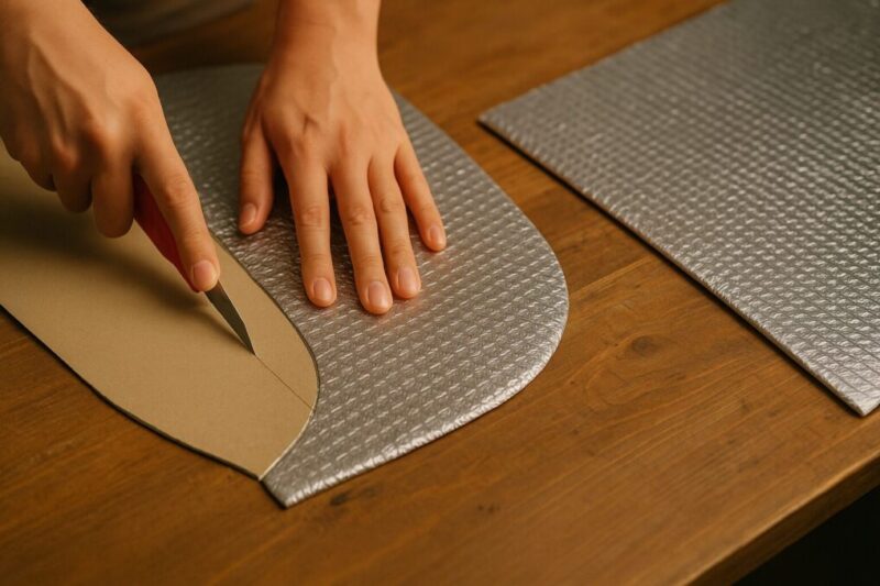 銀マット自作とアルミシートの断熱材を比較しながら作業するイメージ