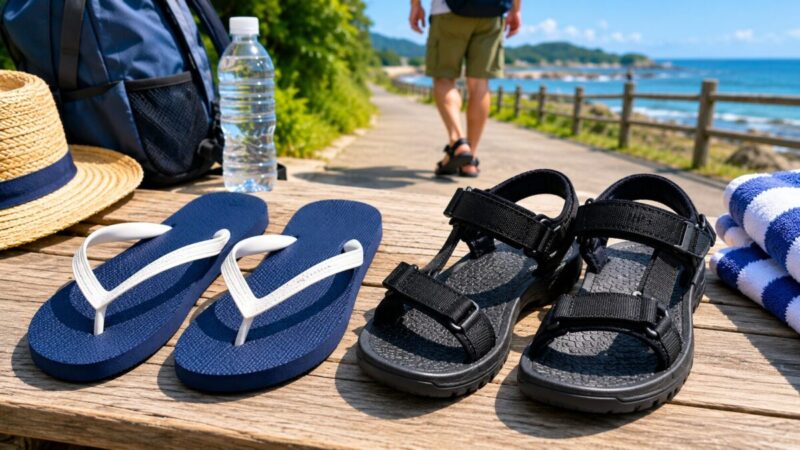 長く歩く日に普通のビーサンと固定力のあるサンダルを比較する画像