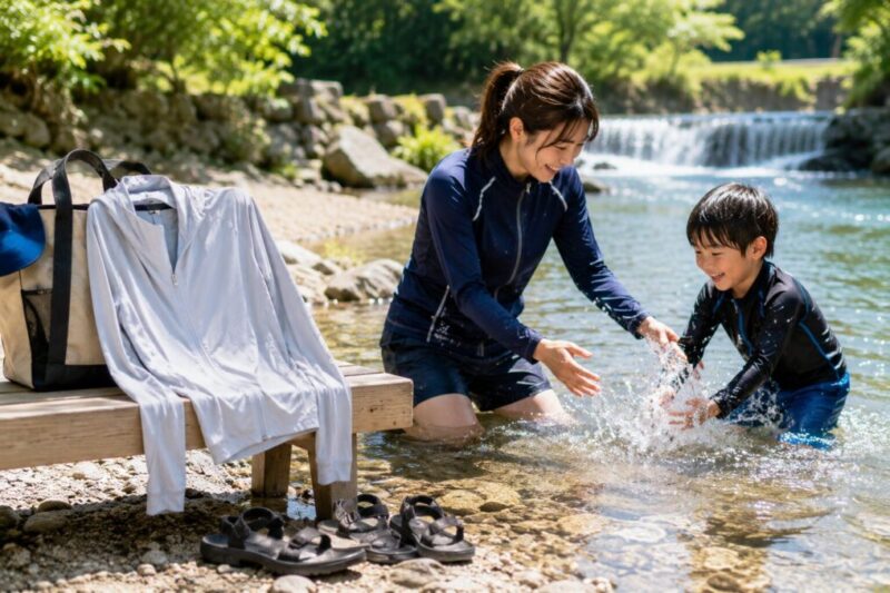 長時間水に入る場面で水陸両用ラッシュガードを選ぶイメージ