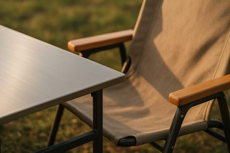 長期満足を狙う定番ギアの質感を伝える、無地ステン天板テーブルと落ち着いたチェアの寄りカット。