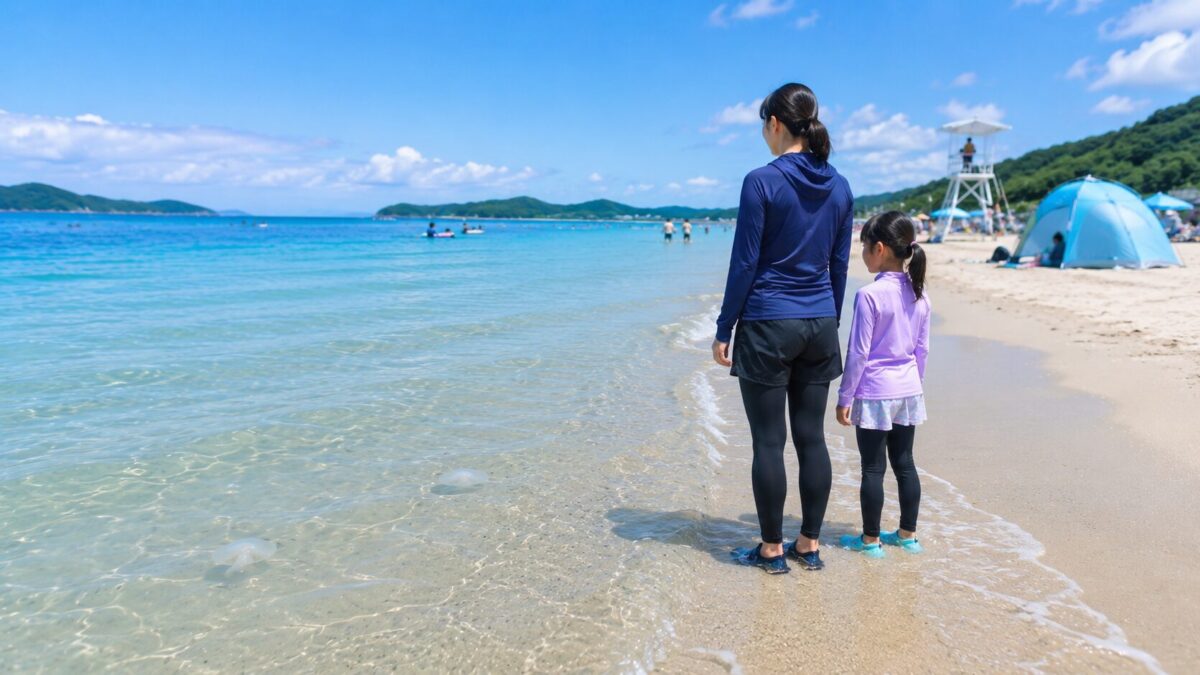 長袖のマリンウェアを着た親子が夏の海水浴場で浅瀬と海面の様子を確認している場面