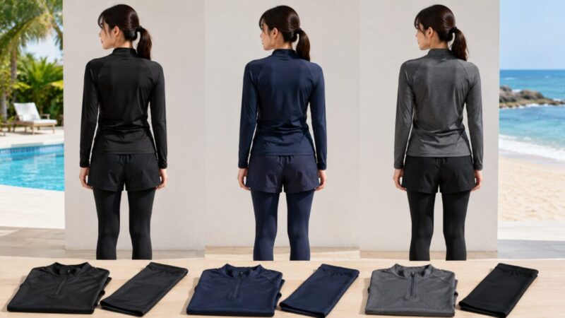 長袖ハイネックラッシュガードとレギンスで肌の露出を抑える水辺用コーデ