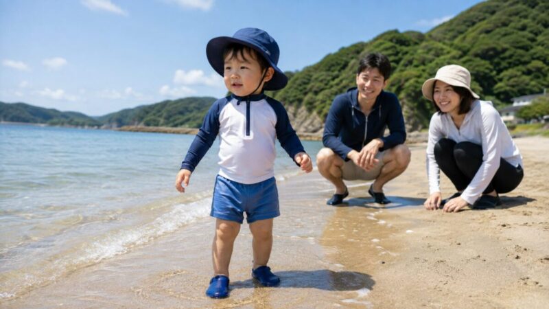 長袖ラッシュガードとつば付き帽子とマリンシューズを着用して波打ち際を歩く幼児