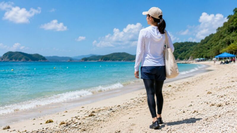 長袖ラッシュガードとレギンスで肌の露出を抑えて海へ向かう人