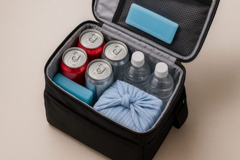 開いたソフトクーラー5Lの内部に缶・ペットボトル・弁当と保冷剤が収まっている様子。