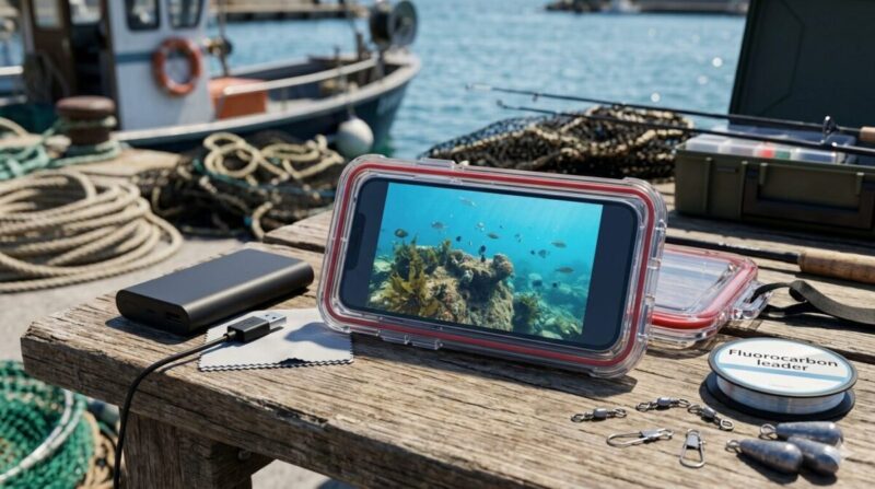 防水ケースに入れたスマートフォンとモバイルバッテリー。