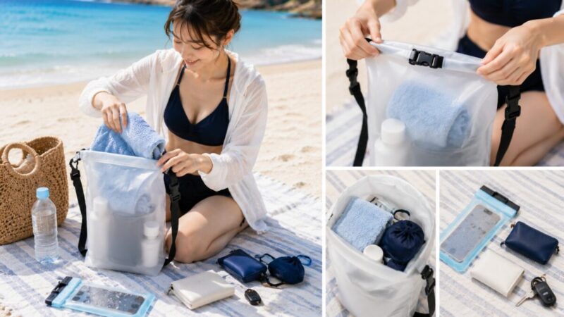 防水バッグに濡れたタオルを入れ、スマホ防水ポーチや財布、鍵を分けて準備する海水浴の荷物整理シーン