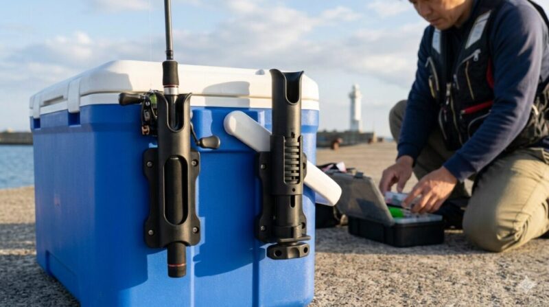 防波堤で、後付けされた着脱式で長さ調整可能なマルチロッドホルダーが、クーラーボックスの側面に装着され、釣り竿を立てている様子。