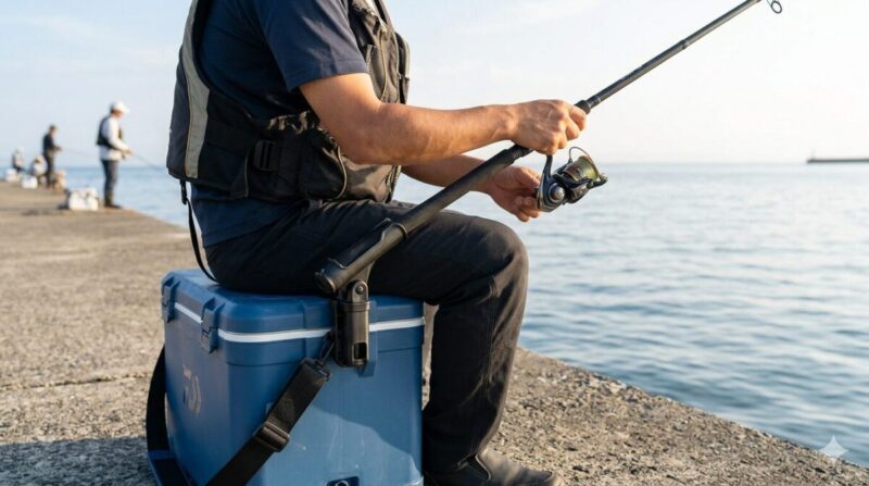 防波堤でクーラーボックスに座る男性釣り人が、蓋の開閉や膝に干渉しないよう、利き手と反対側の前面角に後付けされたロッドホルダーに竿を立てている様子。