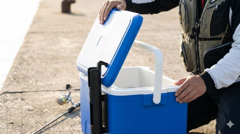 防波堤でクーラーボックスの蓋を開ける男性釣り人が、後付けされたコンパクトなロッドホルダーが蓋の全開や持ち手の可動域に干渉していないか確認している様子。