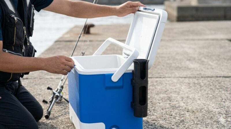 防波堤でクーラーボックスの蓋を開ける男性釣り人が、後付けされたロッドホルダーが蓋の全開や持ち手の可動域に干渉していないか注意深く確認している様子。