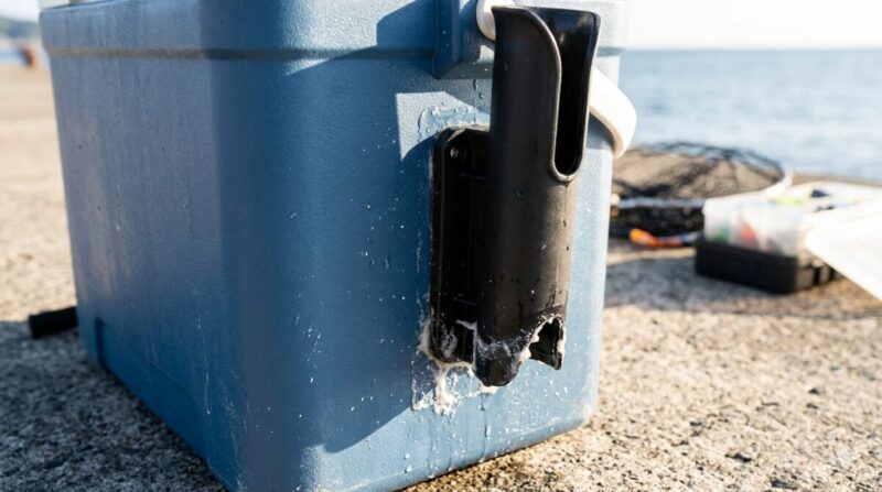防波堤で強い日差しの下、クーラーボックスの側面に両面テープで取り付けられたロッドホルダーが剥がれ、白い接着剤が残っている様子。