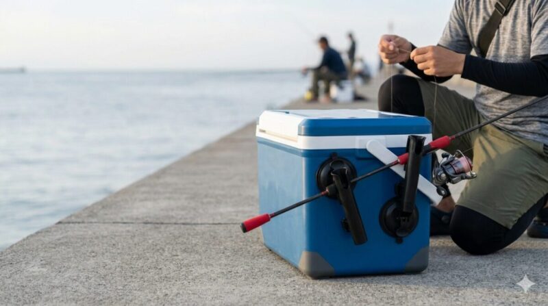 防波堤で清潔なコンクリートの上に置かれたクーラーボックスの滑らかな面に、吸盤式のロッドホルダーが2つ装着され、軽量なスピニングロッドを立てている様子。