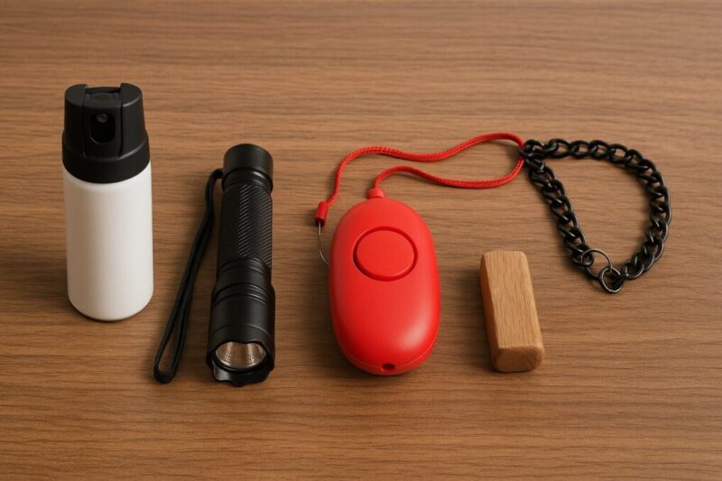 防犯ブザーやLEDライトなどスプレー以外の防犯アイテムが木目テーブルの上に並ぶ代用品のイメージ