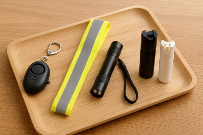 防犯ブザーやライト、反射タスキと防犯スプレーを並べた日常防犯グッズのイメージ。